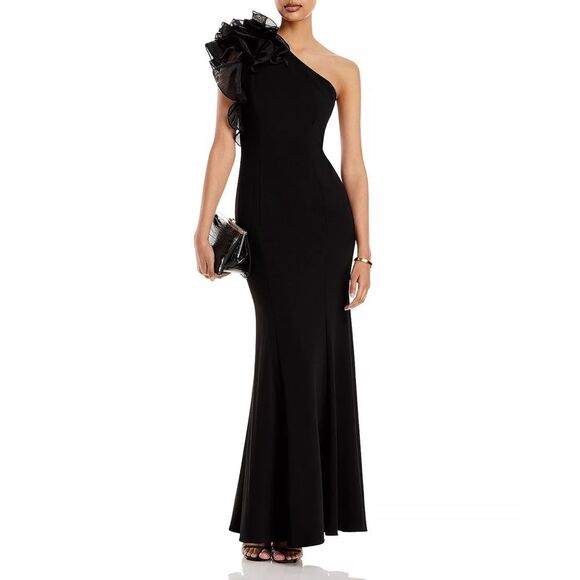 Aidan Mattox One-Shoulder Gown with Organza, Black, NWT, Size 4 - Picture 1 of 12